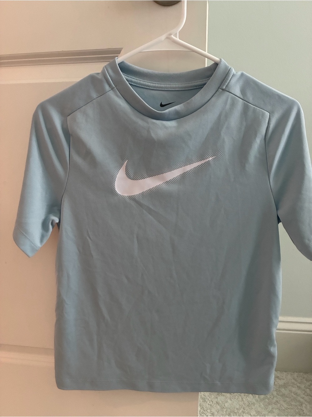 Nike Light Blue Youth Short Sleeve Dri-Fit Athletic Top with White Swoosh L